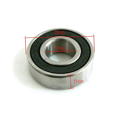Close-up of a sealed deep groove ball bearing, dimensions 15x35x11 mm, part of the 4 Pack 6202RS Front And Rear Wheel Bearings Set For Coleman Powersports CT200UEX Trail 200cc Baja MB165 MB200 Mini Bikes 6202Z Chrome Steel Deep Groove Ball Bearings With Standard Grease Fill Built For Beefy Performance.