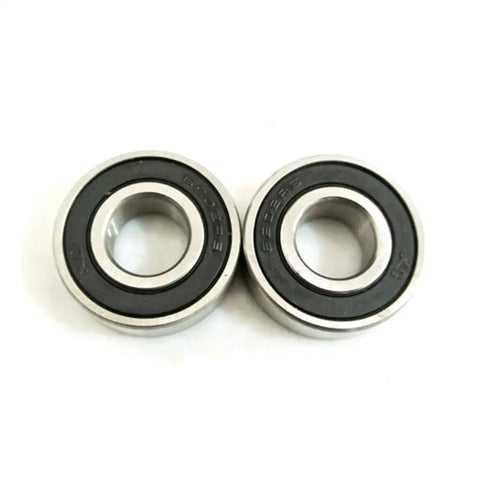 Close-up of two 6202-RS chrome steel deep groove ball bearings from 4 Pack 6202RS Front And Rear Wheel Bearings Set For Coleman Powersports CT200UEX Trail 200cc Baja MB165 MB200 Mini Bikes 6202Z Chrome Steel Deep Groove Ball Bearings With Standard Grease Fill Built For Beefy Performance