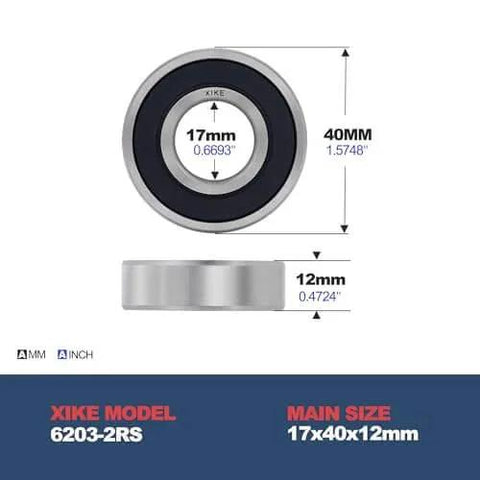(10 Pack) 6203-2RS Double Sealed Deep Groove Ball Bearings, 17x40x12mm, Pre-Lubricated for High RPM, Chrome Steel P6, ABEC 3, size diagram
