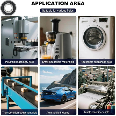 Various application fields for 10 Pcs 6203-2RS Double Rubber Seal Deep Groove Ball Bearings including machinery, appliances, and automotive.