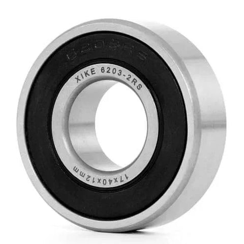 Close-up of a single 6203-2RS double sealed deep groove ball bearing, 17x40x12mm, from a 10 pack, showing the chrome steel P6 material.