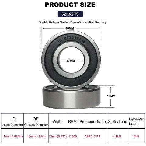 Diagram of 10 Pcs 6203-2RS Double Rubber Seal Deep Groove Ball Bearings 17x40x12mm with detailed size and performance specifications.