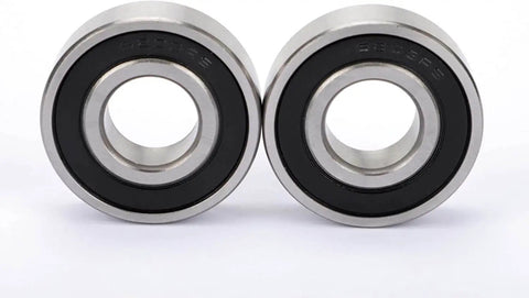 Two 6203-2RS sealed bearings with double seal, 1-9/16 inch outer diameter, 21/32 inch inner diameter, on white background.