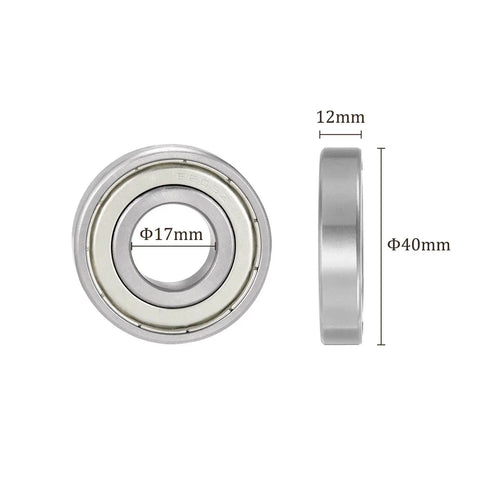 2 Pack 6203Z Deep Groove Ball Bearings 17x40x12mm Chrome Steel Shielded and Pre Lubricated, front and side view
