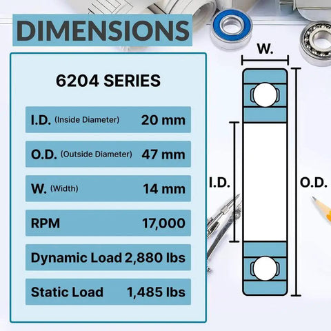 Dimensions chart for 2 Pack 6204-2RS Sealed Ball Bearings 20x47x14mm Lubricated Chrome Steel For High RPM Performance