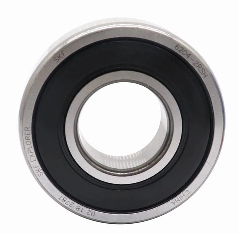 Front view of 6204-2RSH Double Rubber Seal Deep Groove Ball Bearing showing rubber seal and metal exterior.