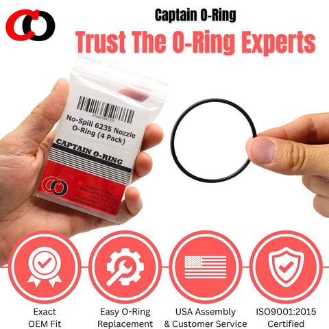 Replacement 6235 O-Rings for No-Spill Easy Can Gas Nozzle Assembly 4 Pack shown in packaging with single O-ring displayed
