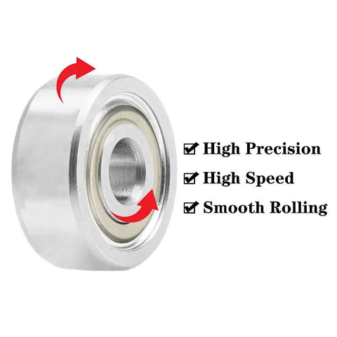 623ZZ Double Shield Deep Groove Ball Bearing with high precision, high speed, smooth rolling text, and red arrows