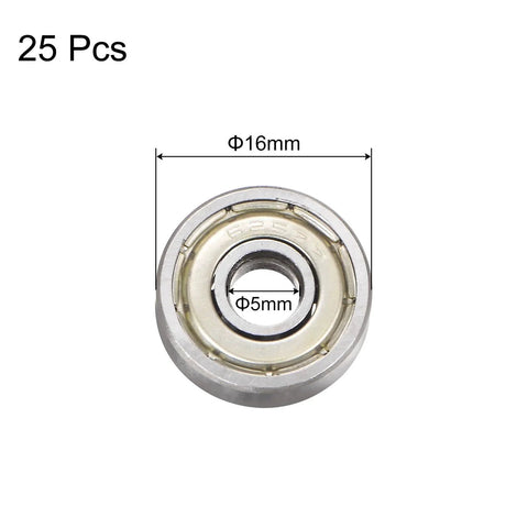 Close-up of 25pcs 625ZZ Deep Groove Ball Bearings 5mm Bore 16mm OD 5mm Thick Carbon Steel Double Shielded ABEC3 Z1 Bearing for Motors.