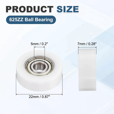 Five Pack 5x22x7 Mm 625ZZ Ball Bearing Guide Nylon Roller Bearings size illustration with dimensions and metal shield.