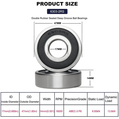 Size chart of 10 Pack 6303-2RS Double Rubber Seal Deep Groove Ball Bearings with dimensions and specifications.