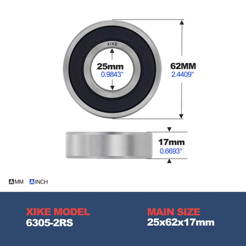Side and front view of 10 Pcs 6305-2RS Double Rubber Seal Bearings 25x62x17mm, Pre-Lubricated and Stable Performance and Cost Effective, Deep Groove Ball Bearings, showing dimensions.
