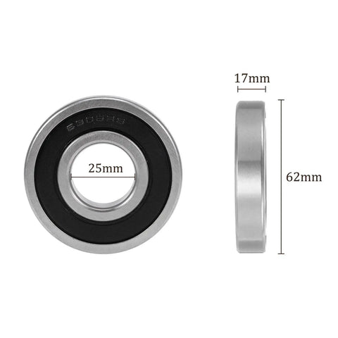 Deep Groove Ball Bearing 6305RS 25x62x17mm Carbon Steel Double Sealed; front and side view with dimensions