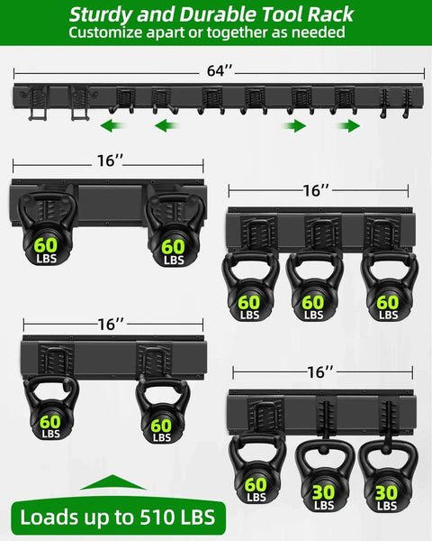 64 Inch Garage Wall Tool Organizer With Heavy Duty Rails And 10 Hooks, supports up to 510 lbs, showing dimensions and load capacity of each hook.