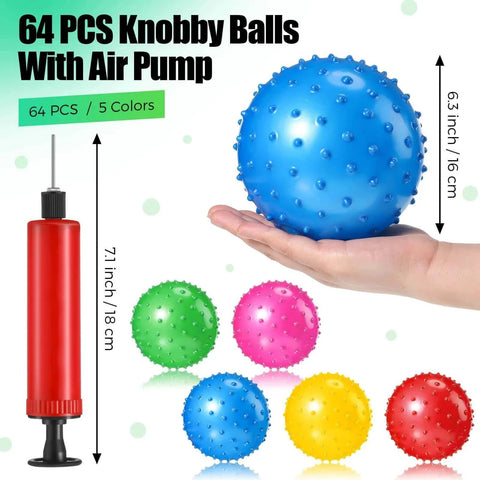 64 Pieces 6.3 Inch Knobby Balls for Kids Sensory Balls with Air Pump Small Inflatable Bouncy Soft Spiky Toddler Bounce Party Favors