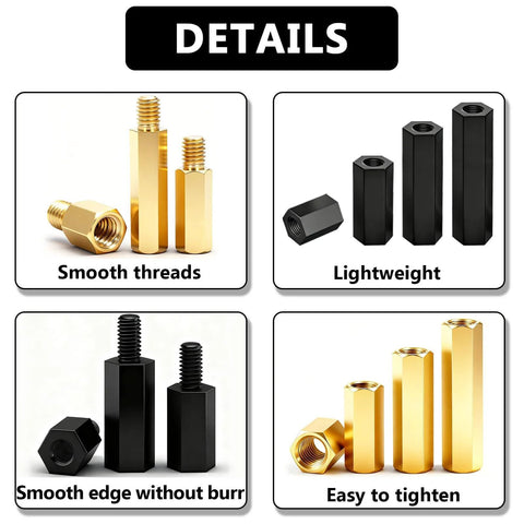 640PCS M3 Brass and Nylon Motherboard Standoffs Kit showing brass and nylon spacers with smooth threads, edges, and lightweight design.