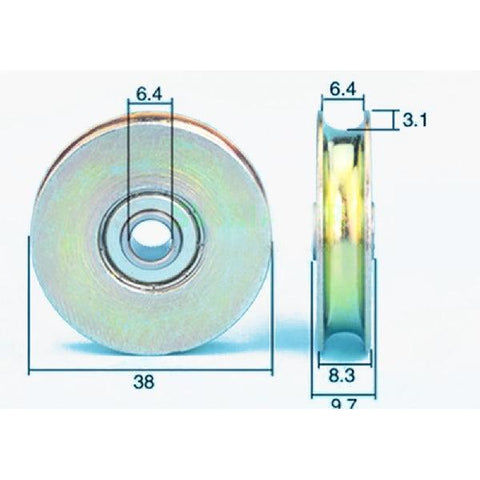 6.4mm Bore Bearing - 38mm Steel Wire Rope Cable Track Pulley 6.4x38x8.3mm