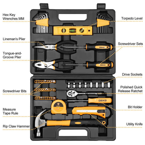 65 Piece General Household Tool Set With Durable Chrome Finish Hand Tools In Portable Blow Molded Storage Case For Home DIY Projects Anti Corrosion Steel Meets ANSI Standards
