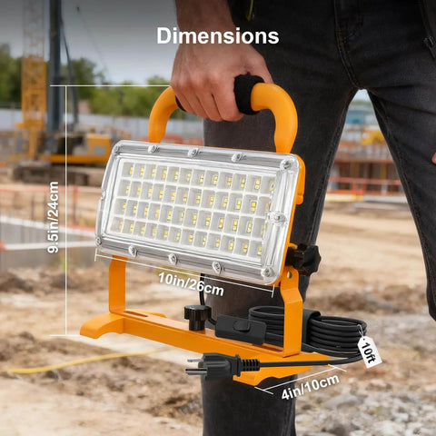 Man holding Bright 6500LM LED Work Light With Stand, 500W Equivalent Flood Light, IP67 Waterproof, 10 Foot Cord With Switch
