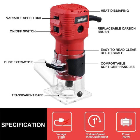 Red 650W Compact Wood Router With 12 Piece 1 Quarter Inch Bit Set, features labeled, including dust hood and edge guide, on/off switch visible.