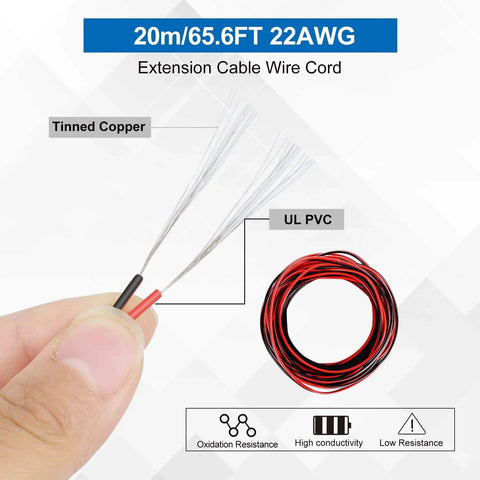 Close-up of 65.6ft 22 AWG LED Extension Cable with tinned copper wires and UL PVC insulation for low-voltage connectors.