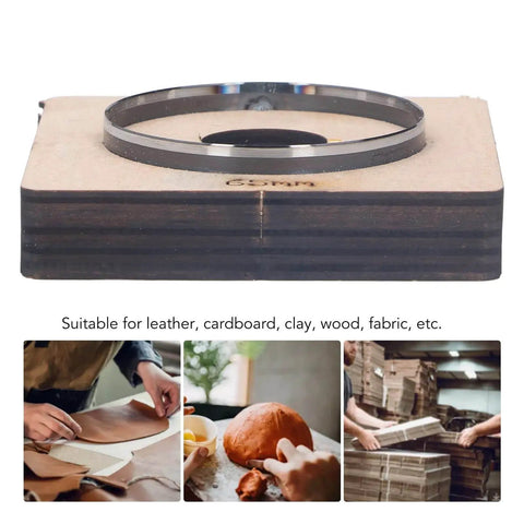 65mm Circular Cutting Die For Leather Cardboard Rubber Plastic Clay And Layered Fabric, shown on birch wood base, alloy steel construction