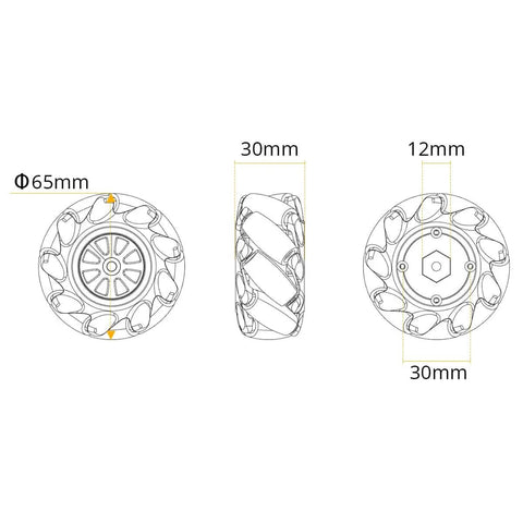 Technical diagram of 65mm Omni Directional Robot Wheel Set. High Hardness Plastic Wheels with Rubber Grip. Measurements shown: 65mm, 30mm, 12mm.