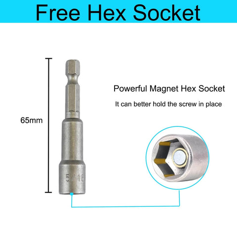 Powerful magnetic hex socket tool, 65mm length, labeled 'Free Hex Socket', with close-up showing internal magnet for better screw holding.