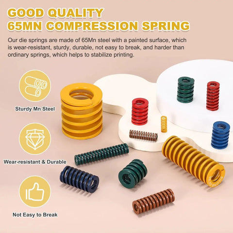 Assorted 65Mn compression springs, including 4 Pack 18mm OD 20mm Length Light Load Die Springs for 3D printers, in green color
