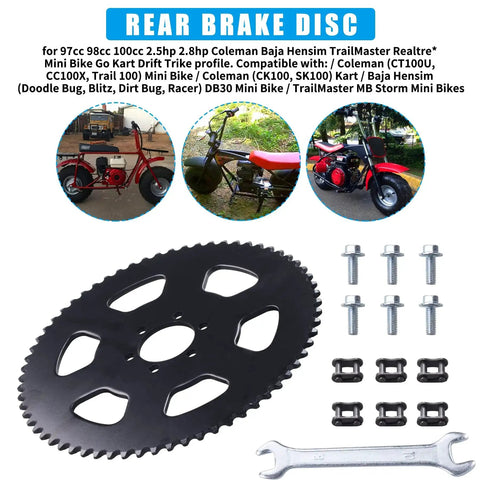 65 Teeth 35 Chain Rear Sprocket For Coleman Mini Bikes And Go Karts with installation tools and components shown.