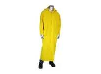 Full-length yellow raincoat with hood displayed on a mannequin.