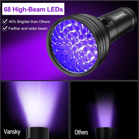 Vansky 68-LED UV leak detector flashlight for cars; purple beam, automotive tool