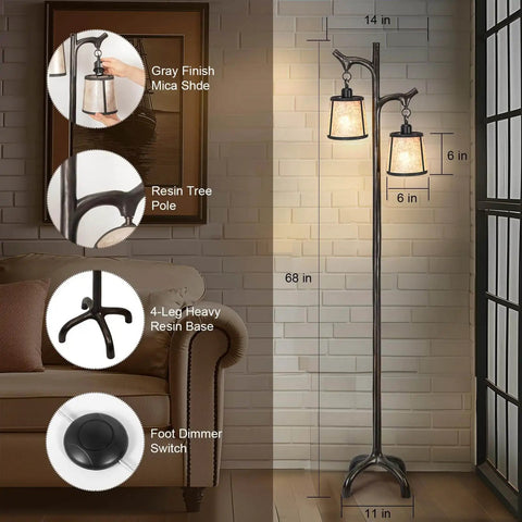 Farmhouse 68 Inch Floor Lamp With Mica Shade Rustic Tree Trunk Design Stepless Dimmable Modern Industrial Standing Lamp For Living Room Bedroom And Office Bulb Included next to a sofa.