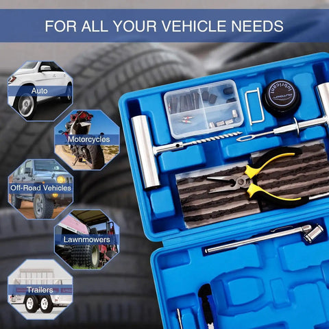 68 Piece Heavy Duty Tire Repair Kit With Universal Tools to fix punctures and plug flats for cars, motorcycles, ATVs, featuring tools and case