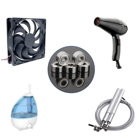 20-Pack 683ZZ Double-Shielded Sealed Ball Bearings 3mm x 8mm x 4mm surrounded by a fan, hairdryer, humidifier, and jump rope.