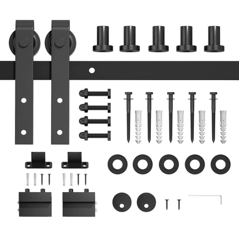 6.8FT Sliding Barn Door Hardware Kit with Upgraded Packaging, complete set shown with heavy duty steel track and nylon rollers.