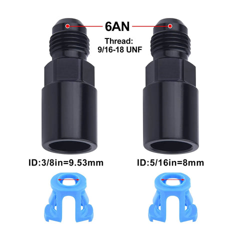 Beefy 6AN Male To 3/8 Inch And 5/16 Inch SAE Quick Disconnect Female Push On EFI Fuel Rail Fittings Two Pack Aluminum 6061-T6