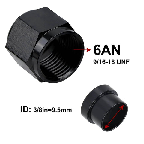 6AN Three Eighths Inch Female Hardline Tube Nut and Sleeve Aluminum Fitting for Three Eighths Inch OD Alloy Tubing Two Piece Set