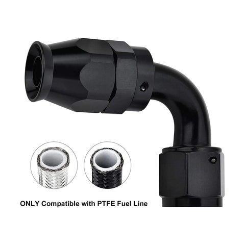 6AN PTFE Hose End Fitting, 90 degree black swivel fittings for PTFE fuel hose only, shown with compatible PTFE lines