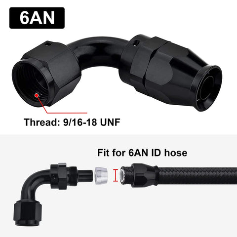 6AN PTFE Hose End Fitting, 90 degree black swivel fittings for PTFE fuel hose only, aluminum 6061 T6, 9/16-18 UNF thread