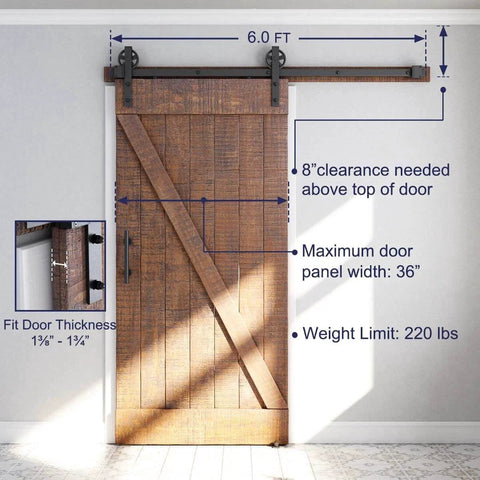 6ft Heavy Duty Sliding Barn Door Hardware Kit, Black, showing door dimensions and installation details for 36" wide door panel.