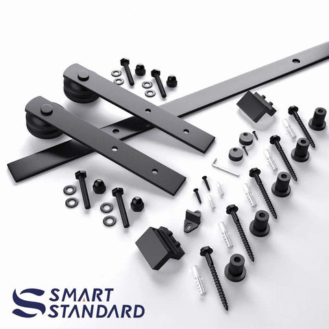6ft Barn Door Hardware Kit with I shape hanger, carbon steel sliding door track for smooth movement, hardware components displayed