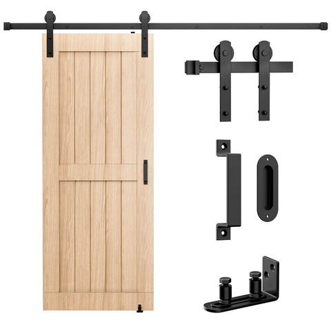 6.6 FT Sliding Barn Door Hardware Kit with I Shape hanger, heavy duty complete set, black steel track and wooden door