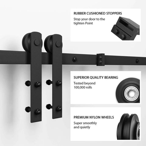 Close-up of a 6ft Barn Door Hardware Kit with I shape hanger, showcasing rubber cushioned stoppers, nylon wheels on carbon steel track.