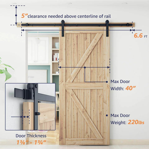 6.6FT Barn Door Hardware Kit with I Shape hanger installed, showing measurements for 40 inch wide door, carbon steel track, mounted in home.