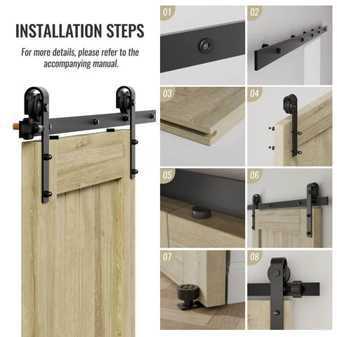 Installation steps for 6FT 72 inch Sliding Barn Door Hardware Kit for single door, carbon steel black track system with smooth rollers.