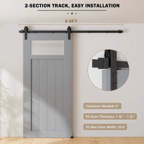6.6FT Sliding Barn Door Hardware Kit for Single Doors up to 40 Inch installed on wall with gray panel door, heavy duty carbon steel track.