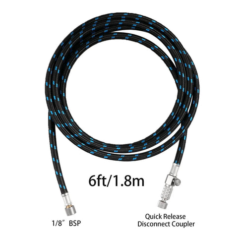 Six Foot Braided Airbrush Hose With Nylon Exterior And Rubber Inner One Eighth Inch Fittings On Both Ends Quick Release Disconnect Coupler Pro Grade Durable For Fine Detail Painting And Leak Free Performance