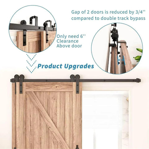Product upgrades for 6FT Single Track Bypass Sliding Barn Door Hardware Kit for Double Doors, showing reduced gap and low ceiling clearance.