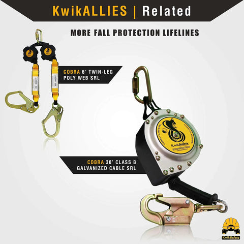 KwikSafety Cobra 6 ft twin-leg poly web SRL and 30 ft galvanized cable SRL fall protection lifelines on display.